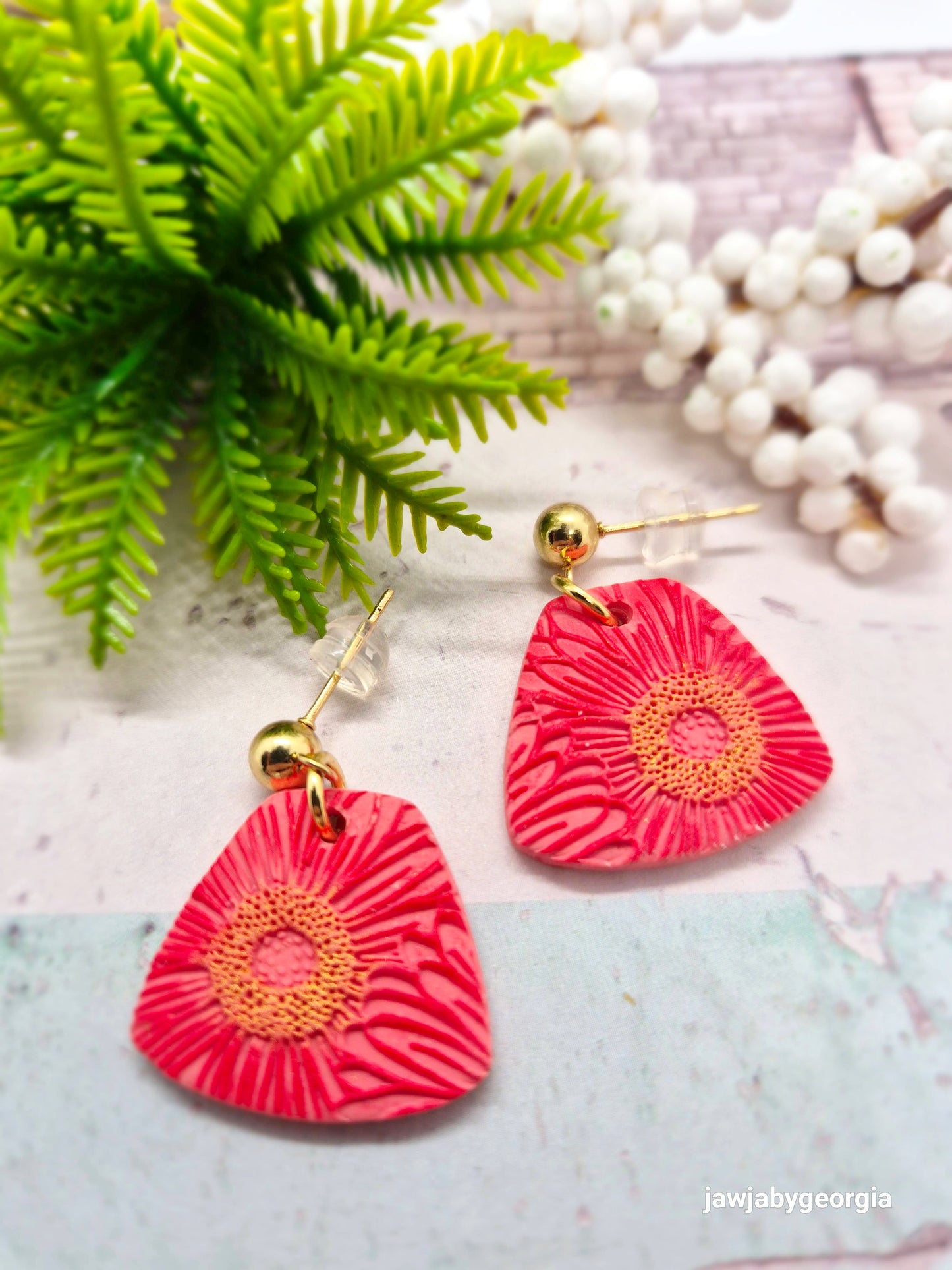 RED AND GOLD FLORAL POLYMER CLAY EARRINGS