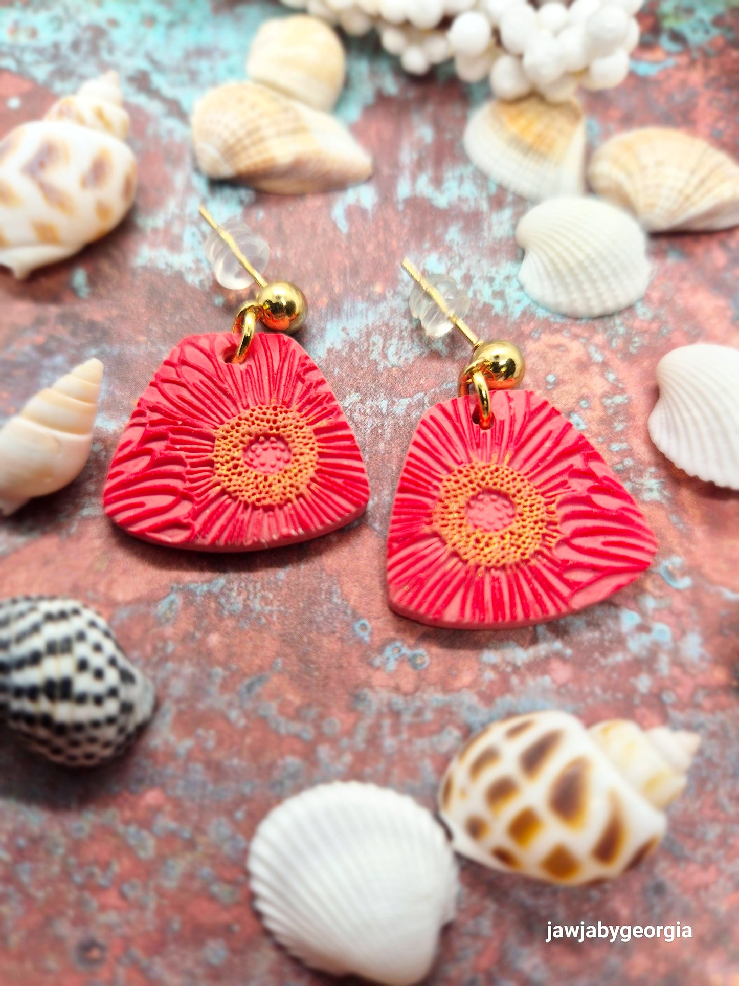 RED AND GOLD FLORAL POLYMER CLAY EARRINGS