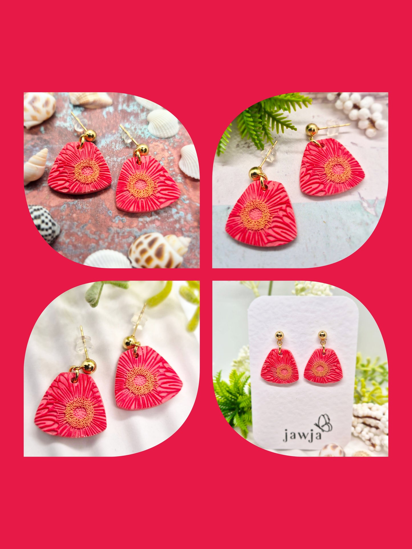 RED AND GOLD FLORAL POLYMER CLAY EARRINGS