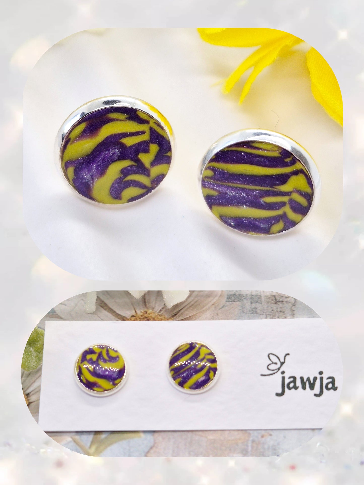 ABSTRACT PURPLE AND YELLOW STUD EARRINGS