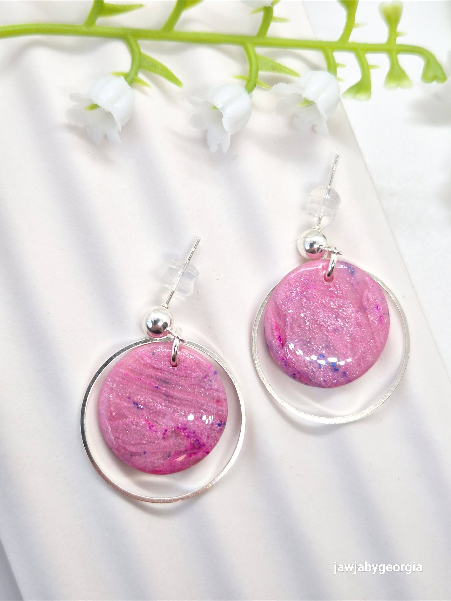 PINK MARBLED DISCS POLYMER CLAY EARRINGS