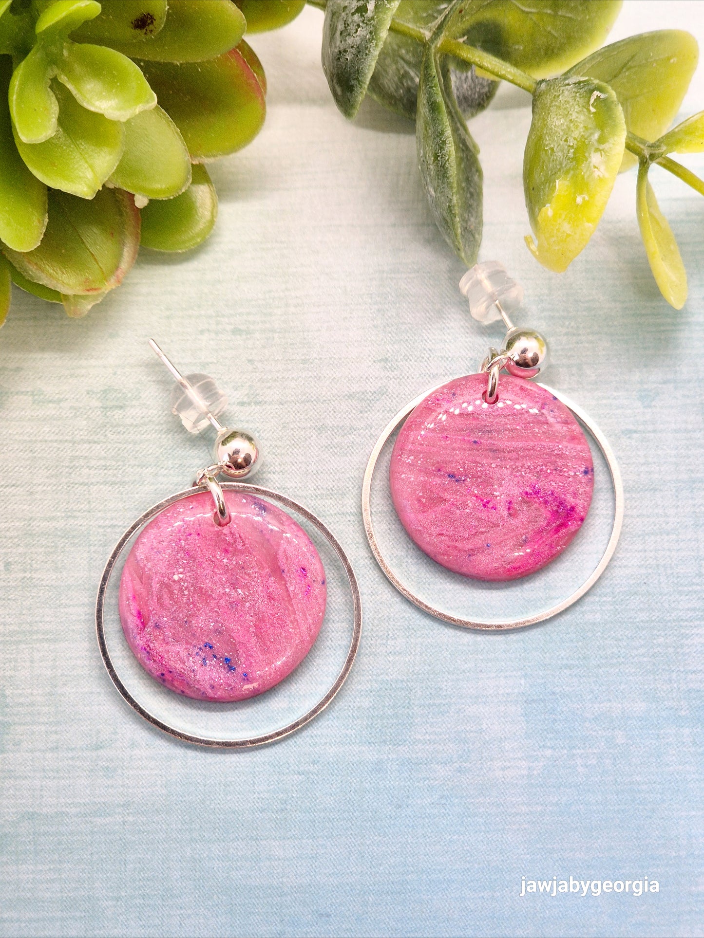 PINK MARBLED DISCS POLYMER CLAY EARRINGS