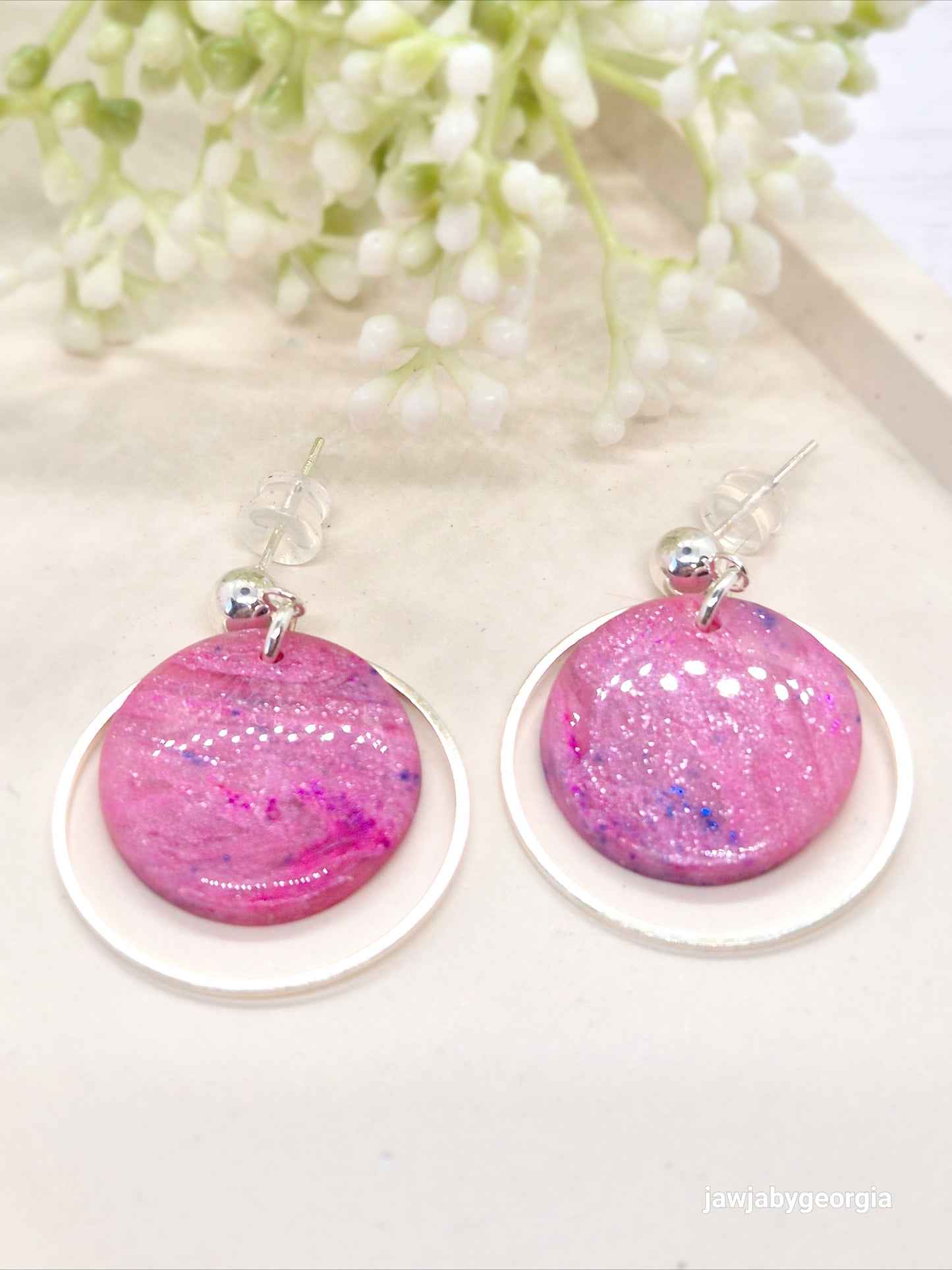 PINK MARBLED DISCS POLYMER CLAY EARRINGS