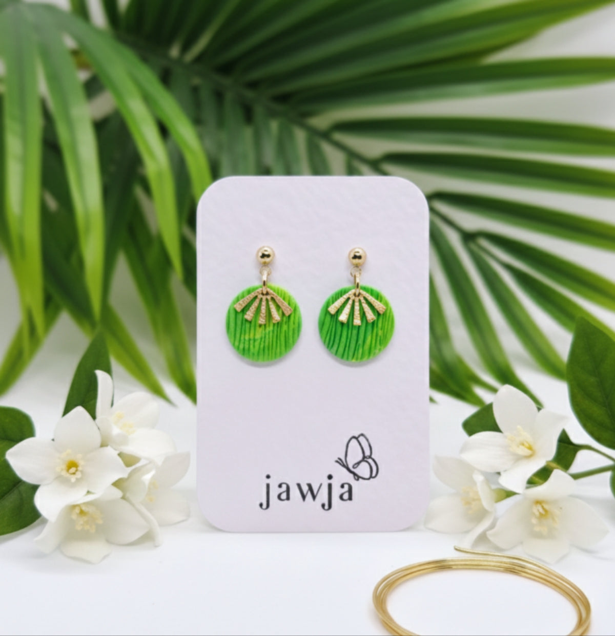 TROPICAL GREEN FAN POLYMER CLAY EARRINGS