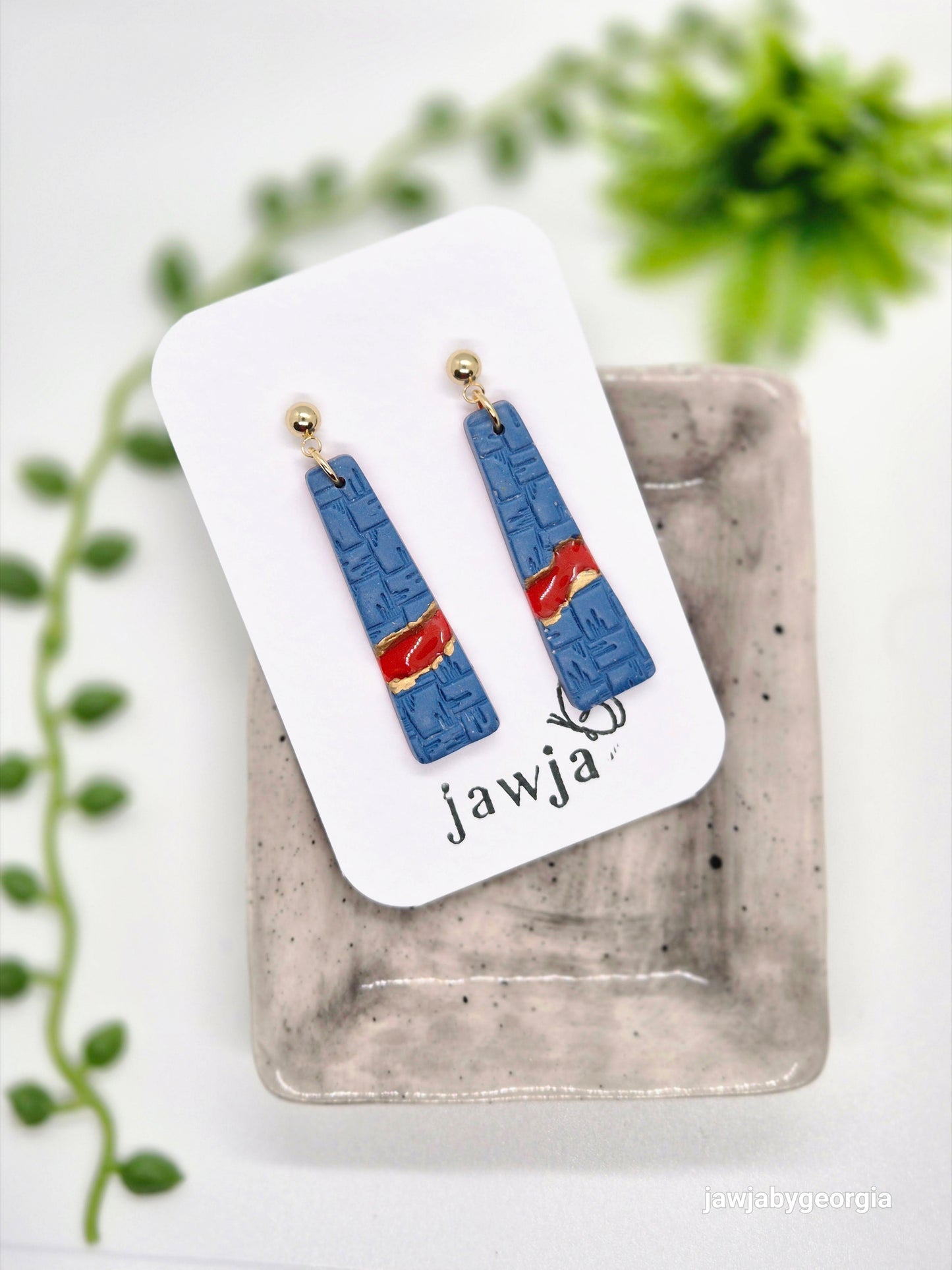 DENIM AND RED POLYMER CLAY EARRINGS