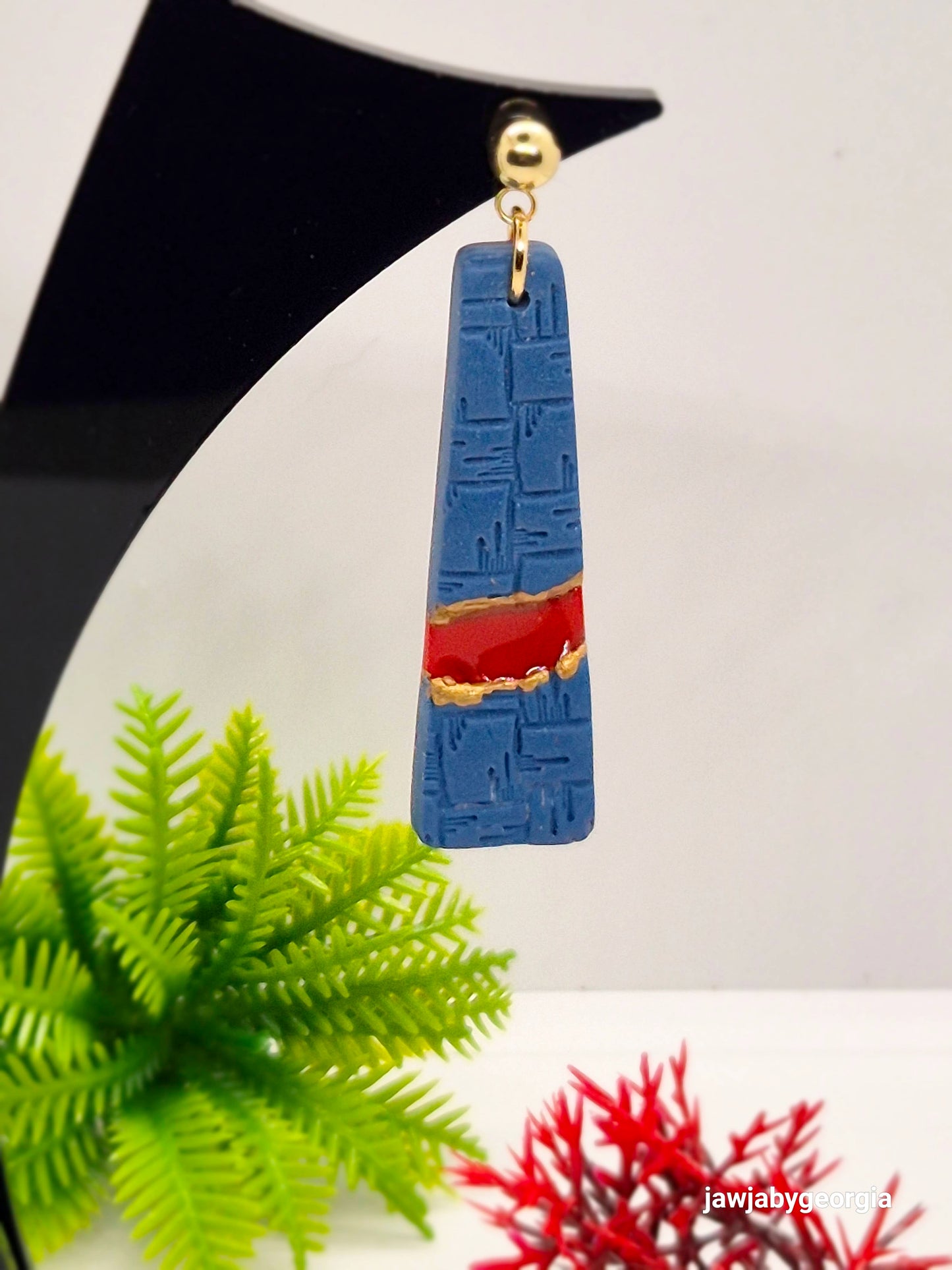 DENIM AND RED POLYMER CLAY EARRINGS