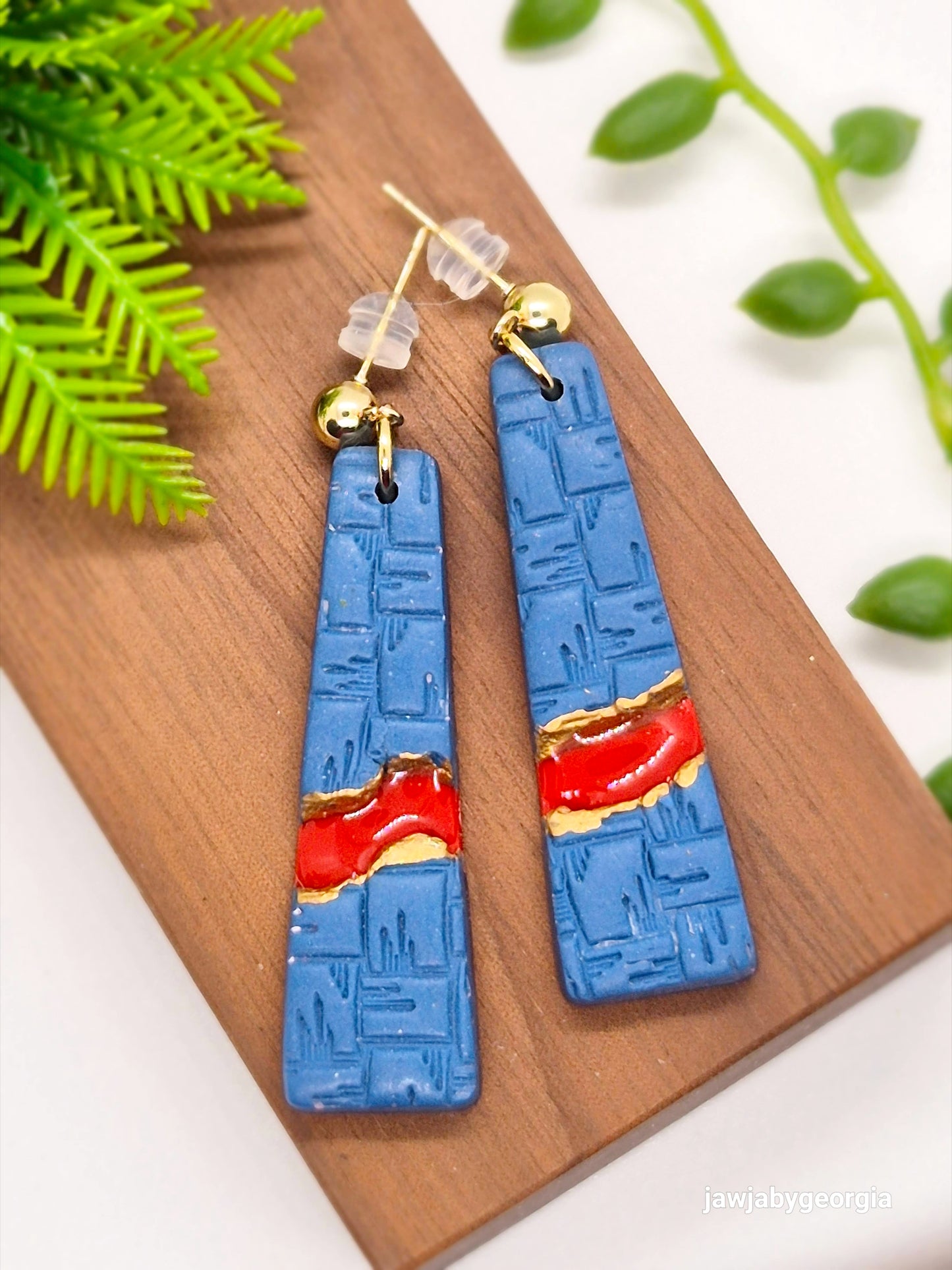 DENIM AND RED POLYMER CLAY EARRINGS