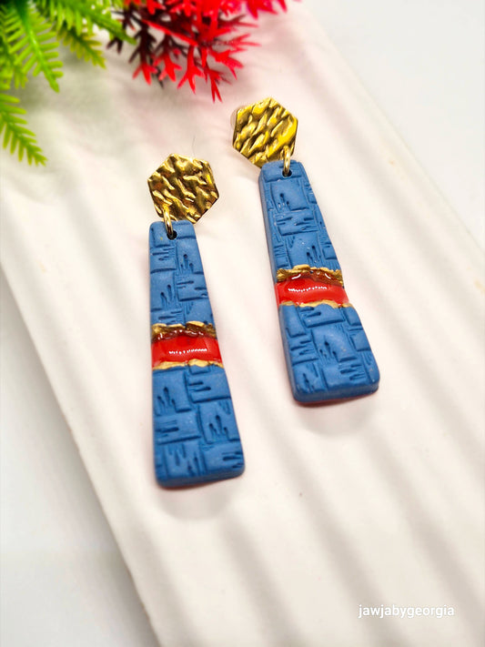 BLUE, RED AND GOLD POLYMER CLAY EARRINGS