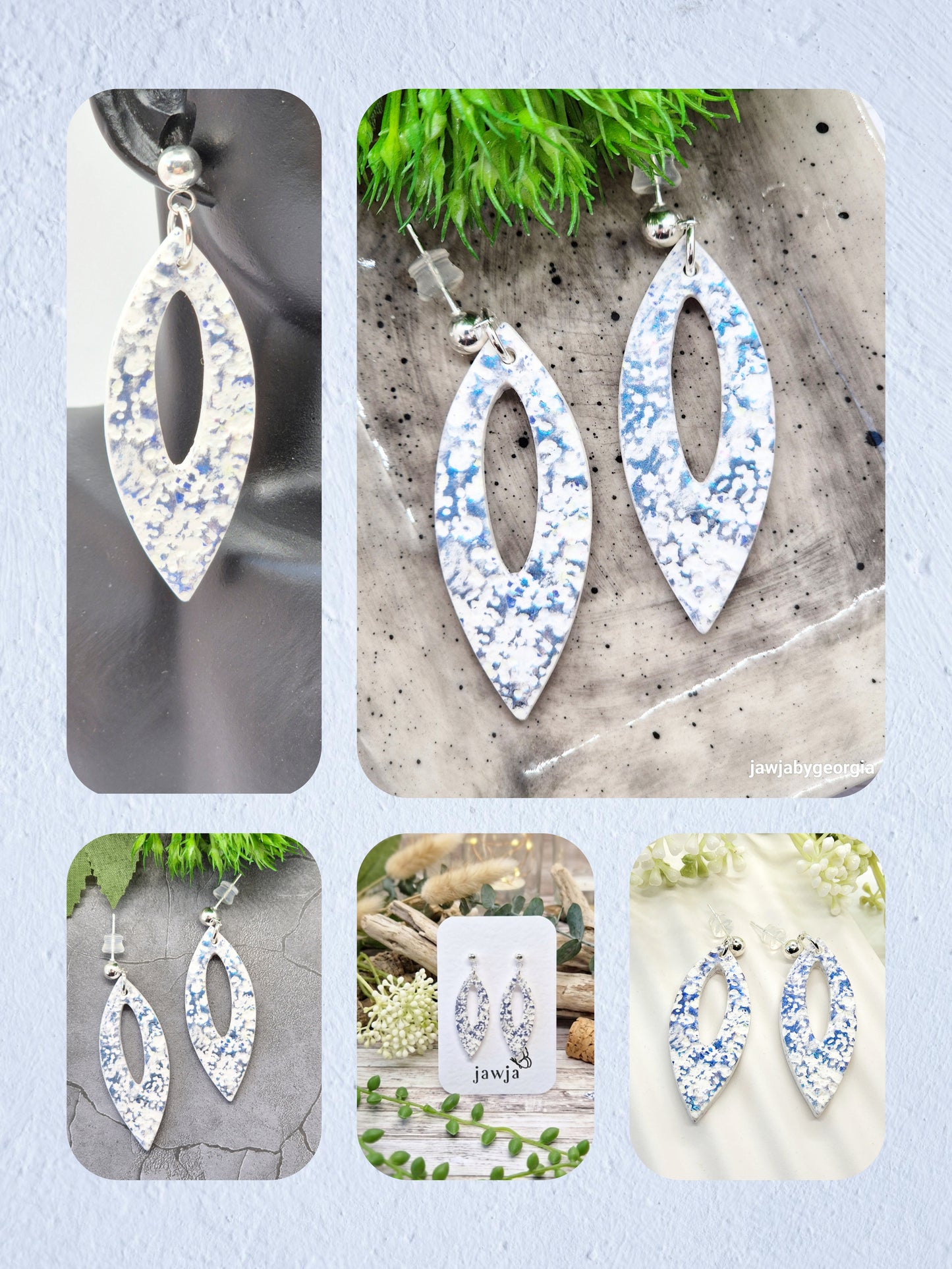 WHITE AND METALLIC BLUE POLYMER CLAY EARRINGS