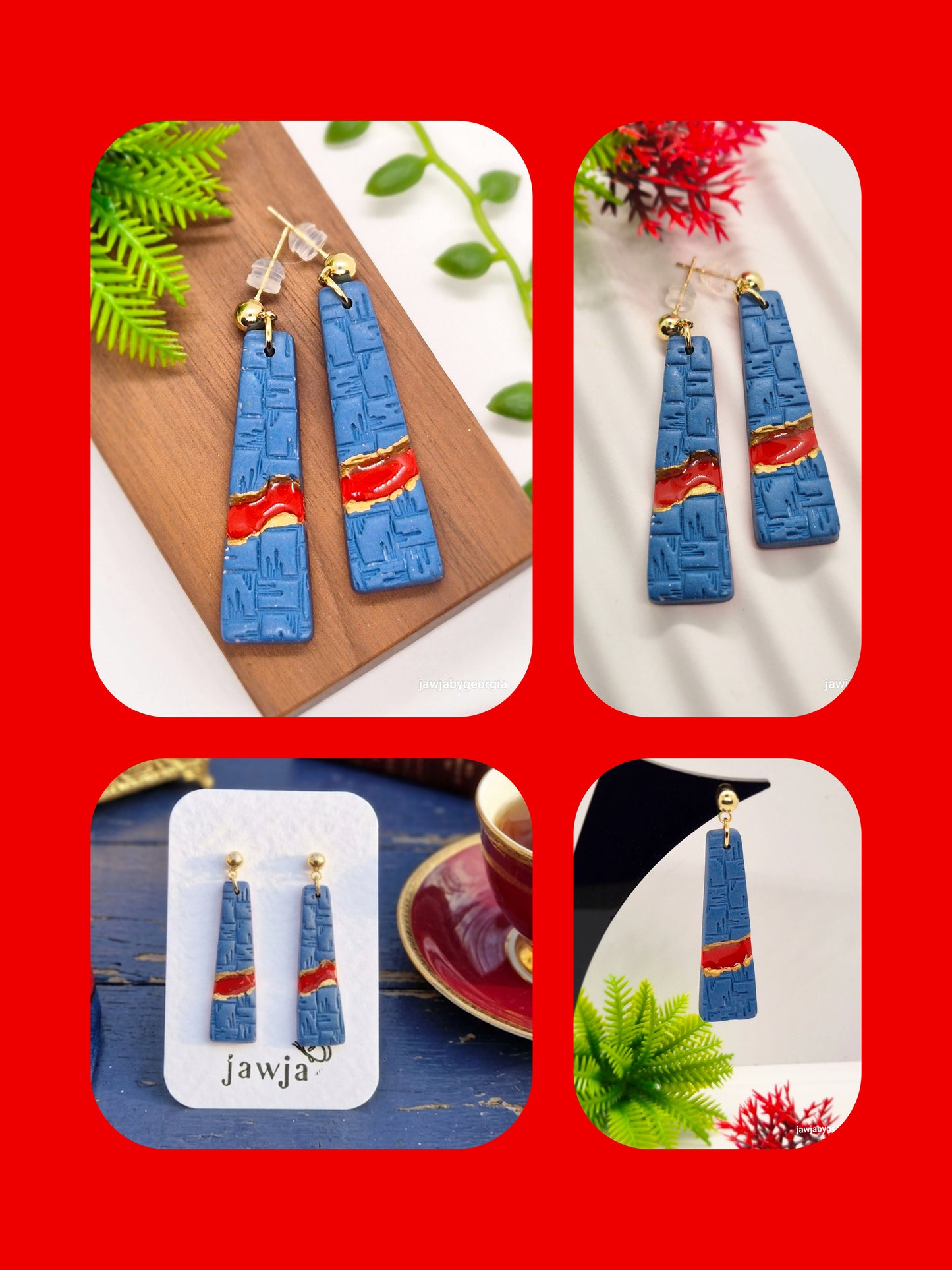 DENIM AND RED POLYMER CLAY EARRINGS