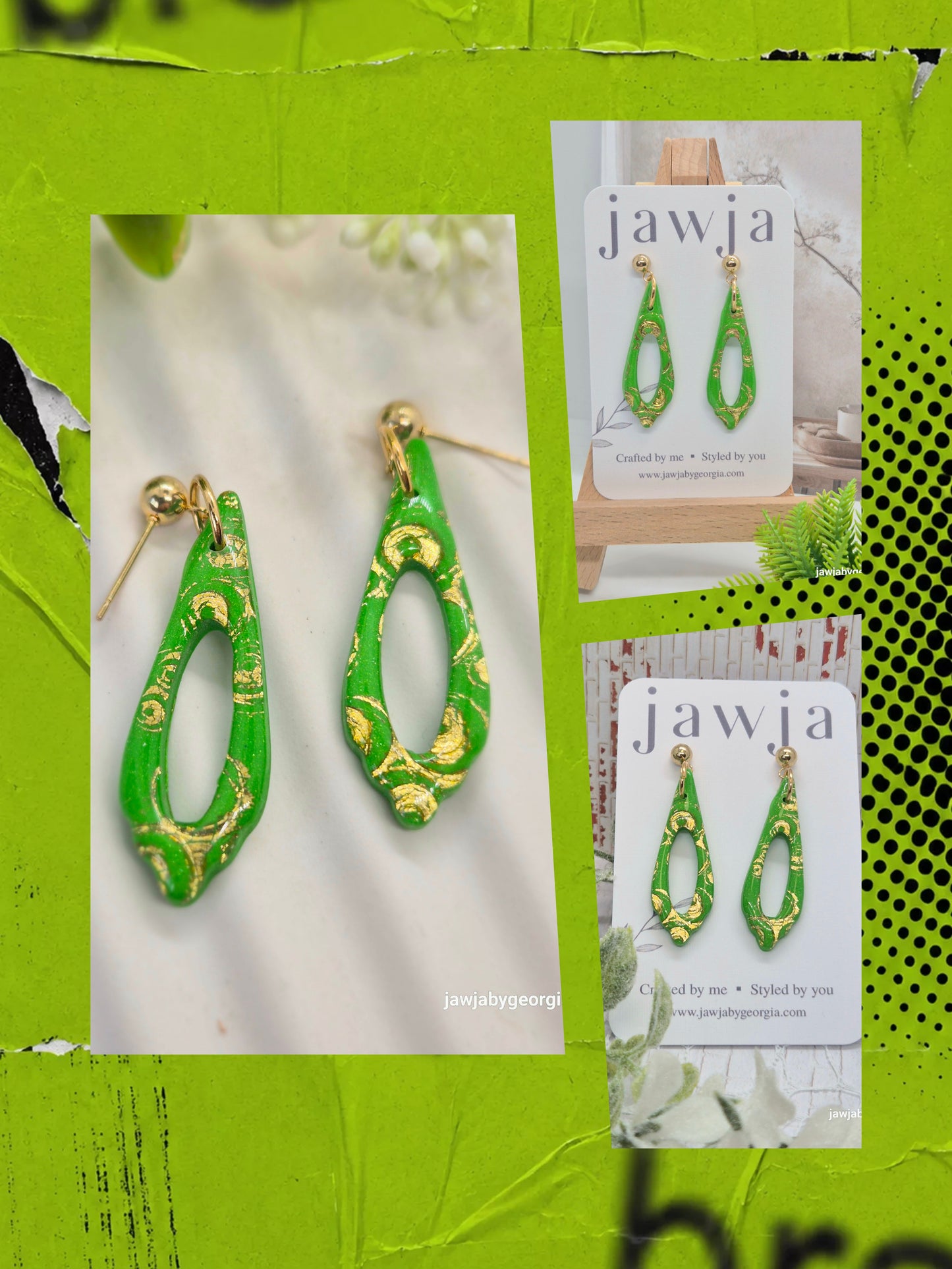 VIBRANT GREEN AND GOLD POLYMER CLAY EARRINGS