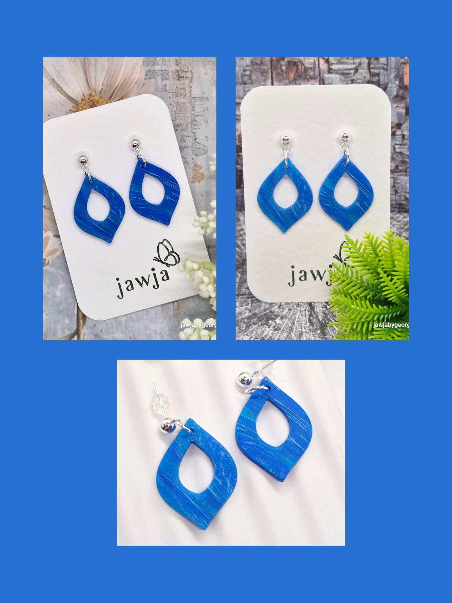 BRIGHT BLUE MARBLED POLYMER CLAY EARRINGS