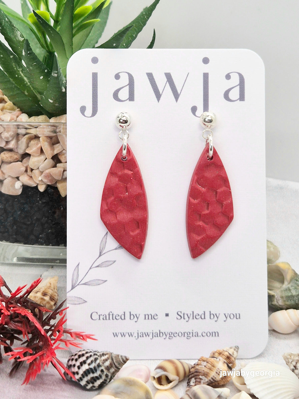 RED LEAF SHAPED POLYMER CLAY EARRINGS