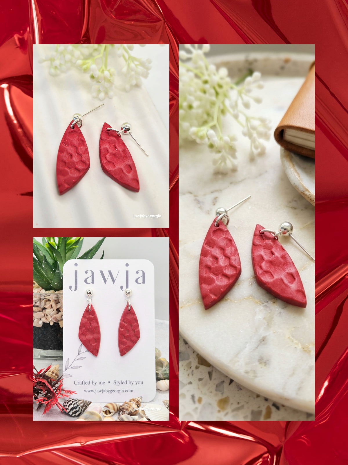 RED LEAF SHAPED POLYMER CLAY EARRINGS