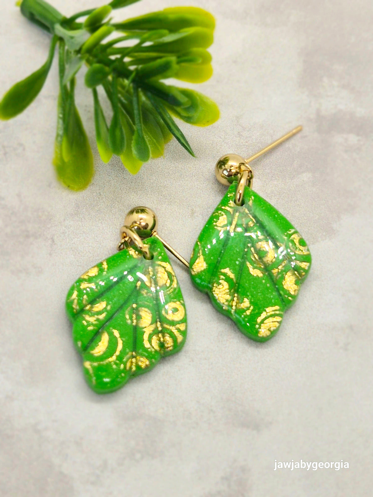 GREEN AND GOLD LEAF POLYMER CLAY EARRINGS