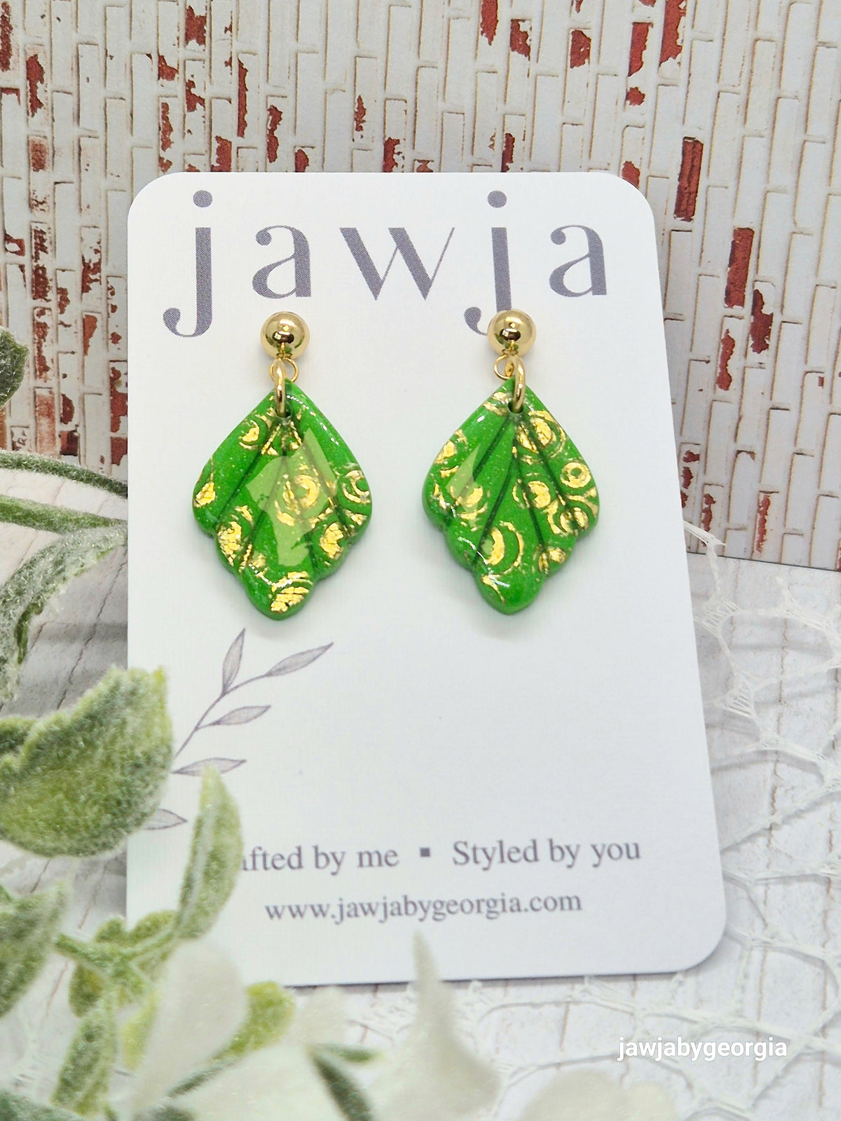 GREEN AND GOLD LEAF POLYMER CLAY EARRINGS