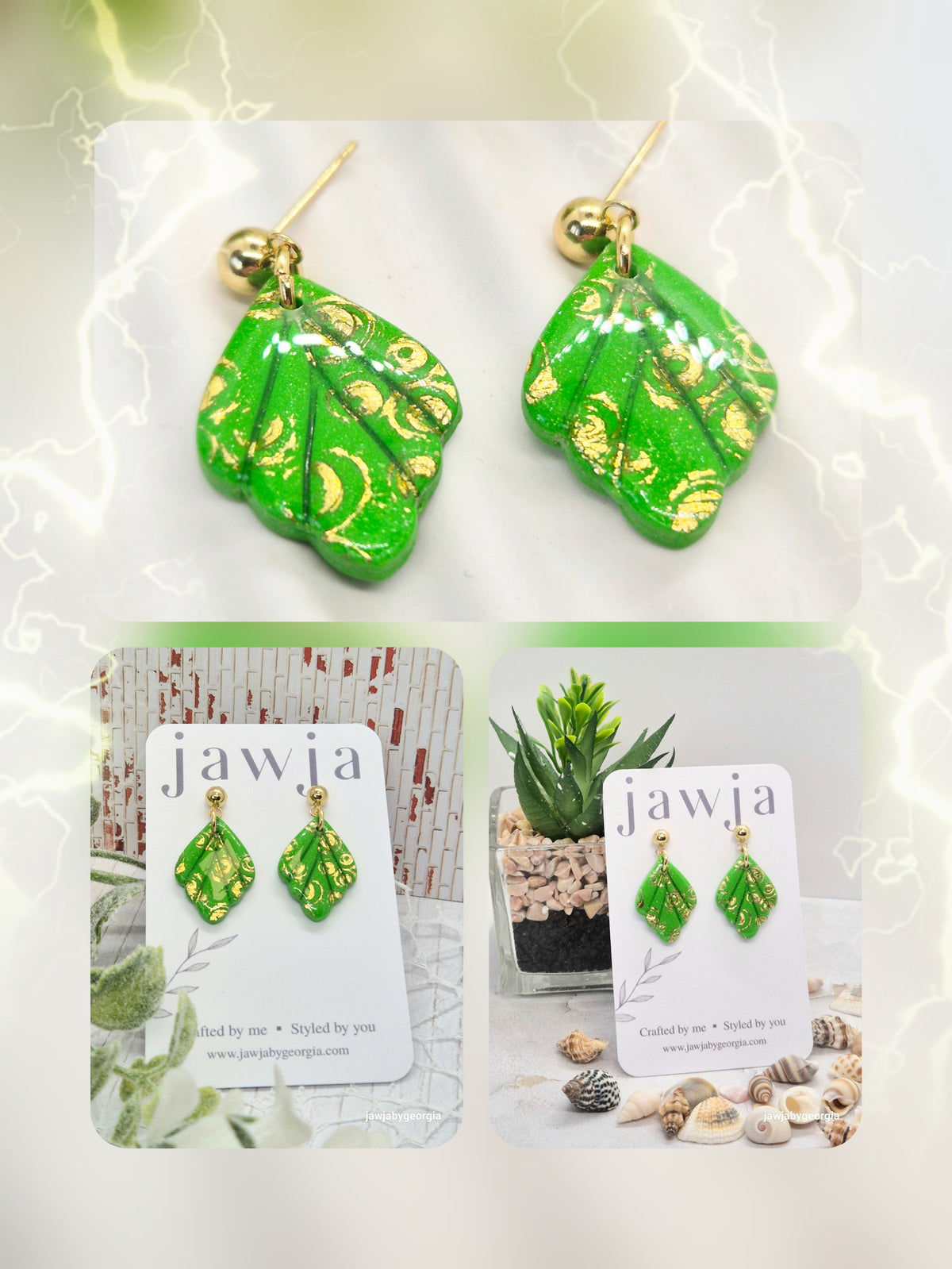 GREEN AND GOLD LEAF POLYMER CLAY EARRINGS