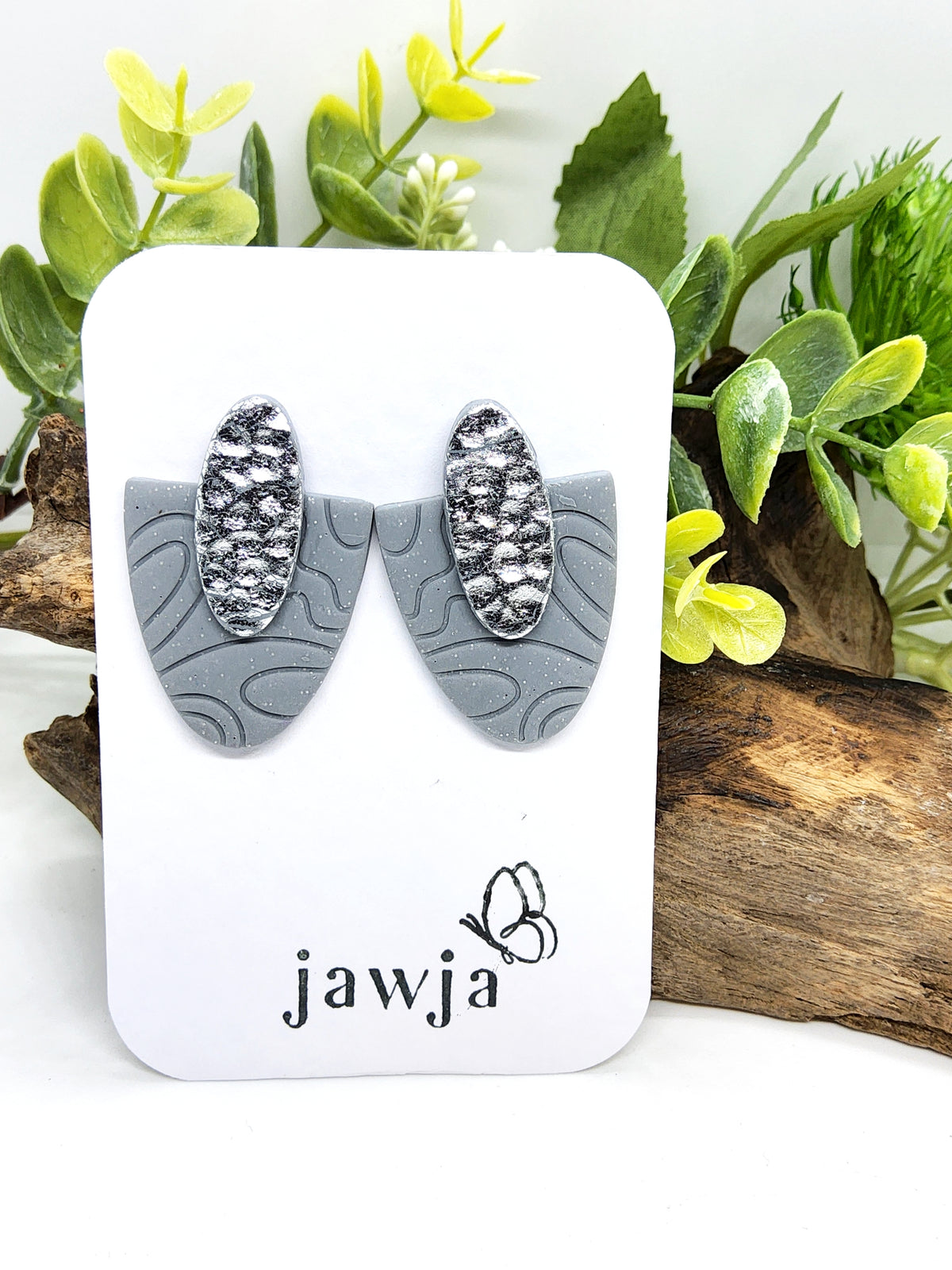 GREY AND SILVER POLYMER CLAY STUD EARRINGS