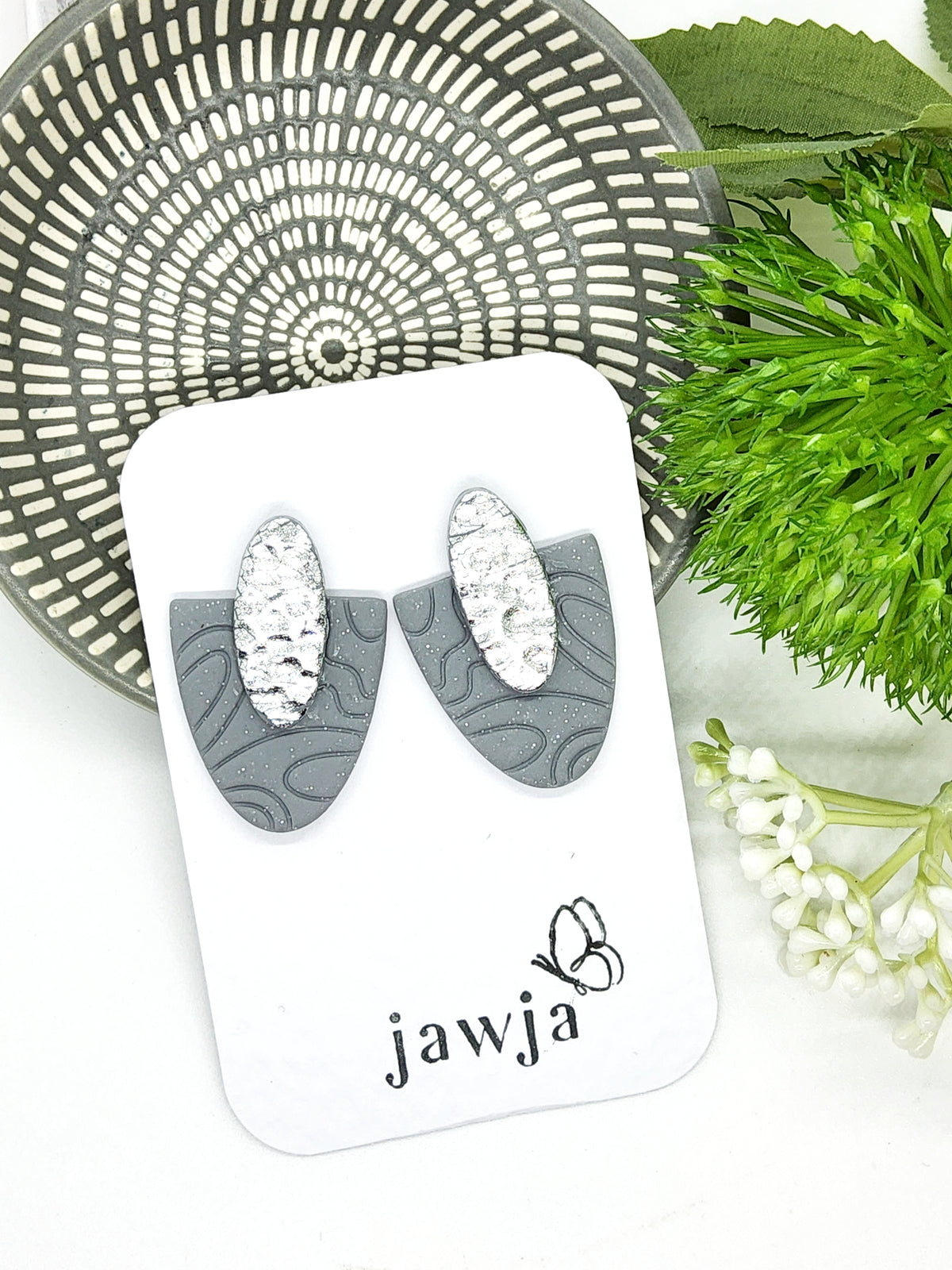 GREY AND SILVER POLYMER CLAY STUD EARRINGS