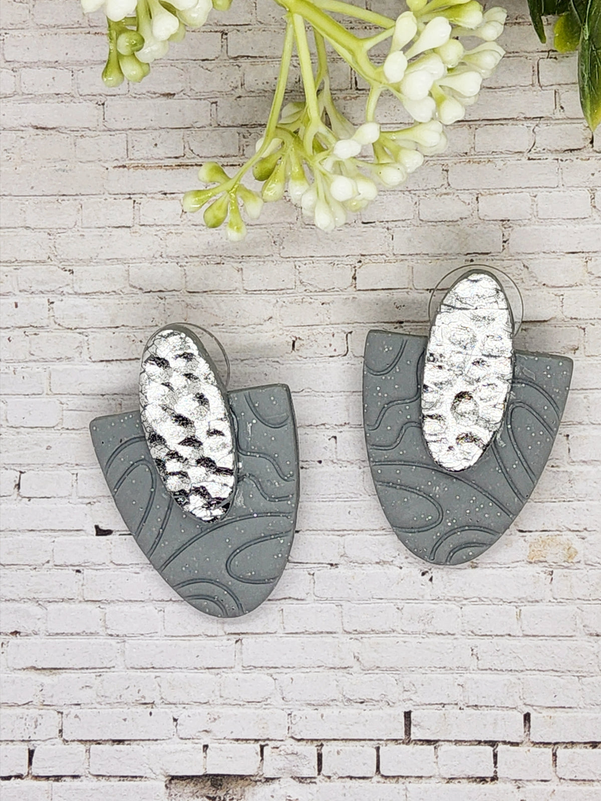 GREY AND SILVER POLYMER CLAY STUD EARRINGS