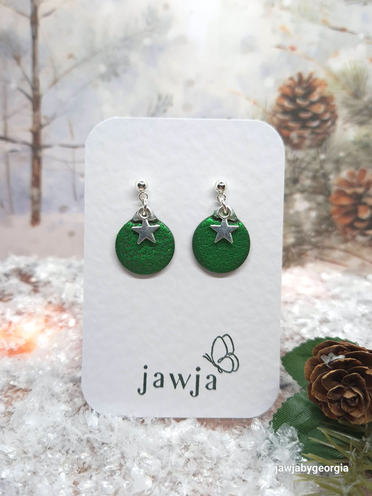 METALLIC GREEN BAUBLES WITH STARS CHRISTMAS EARRINGS