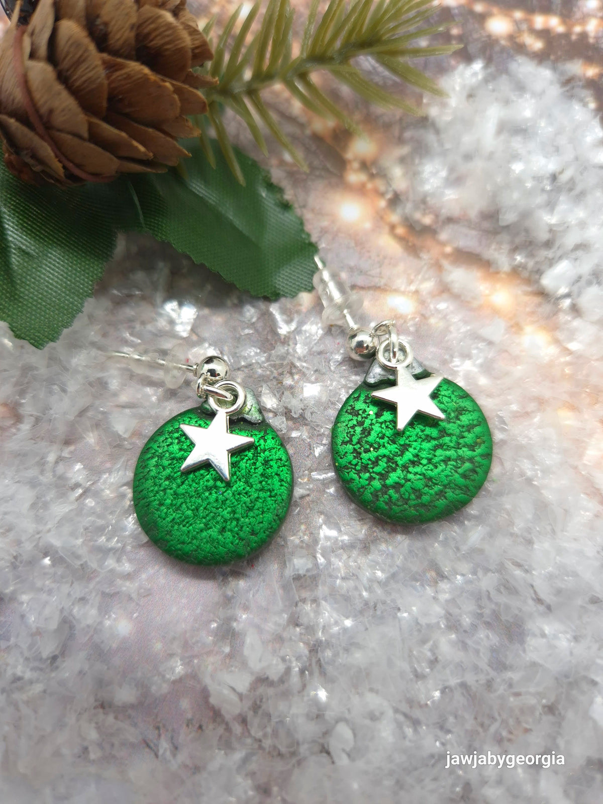 METALLIC GREEN BAUBLES WITH STARS CHRISTMAS EARRINGS