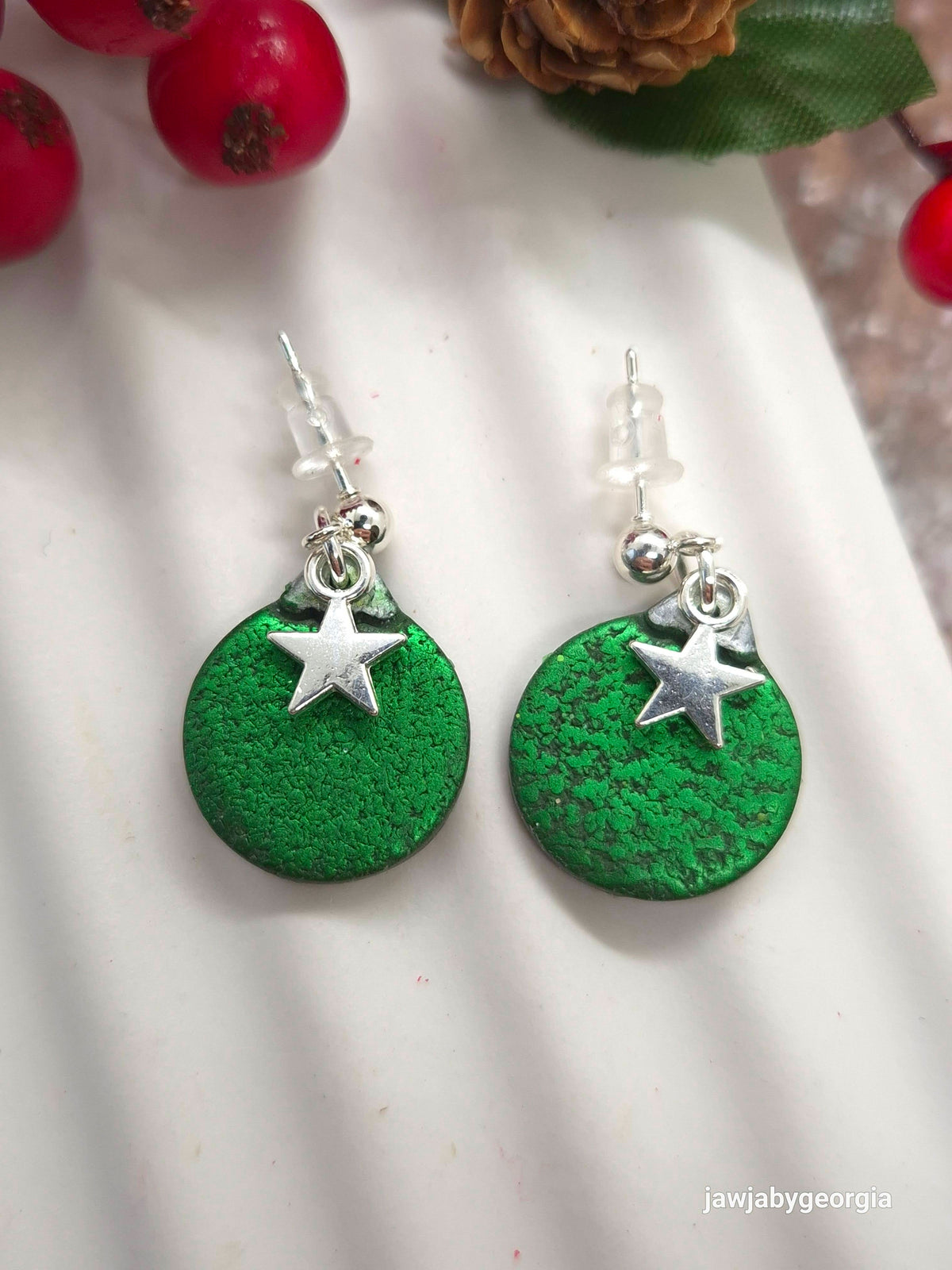 METALLIC GREEN BAUBLES WITH STARS CHRISTMAS EARRINGS
