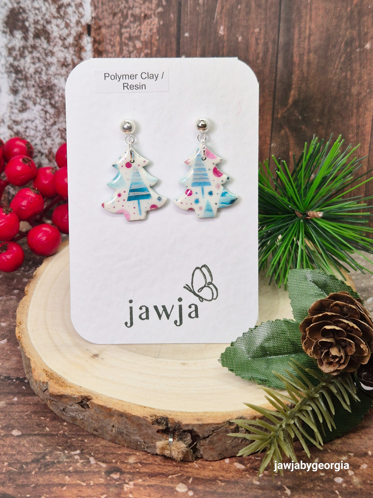 PRINTED CHRISTMAS TREE POLYMER CLAY EARRINGS