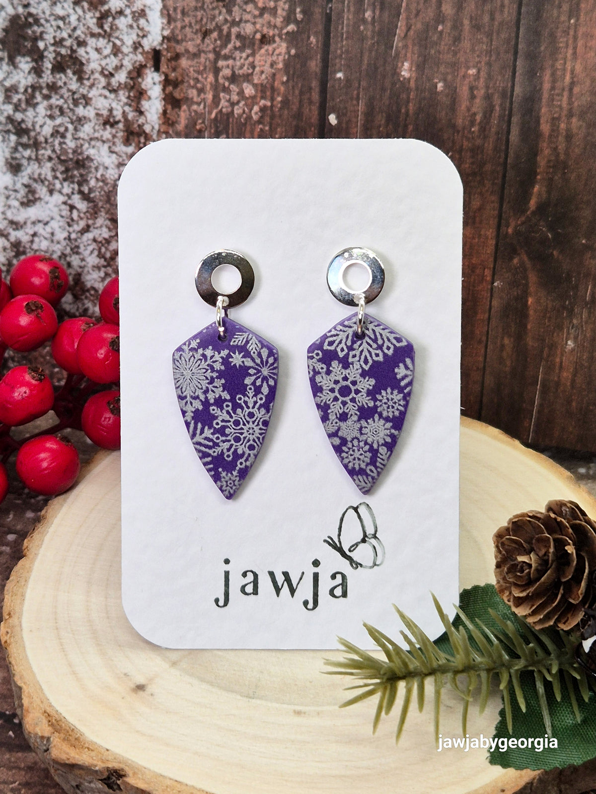 PURPLE AND SILVER SNOWFLAKE POLYMER CLAY EARRINGS