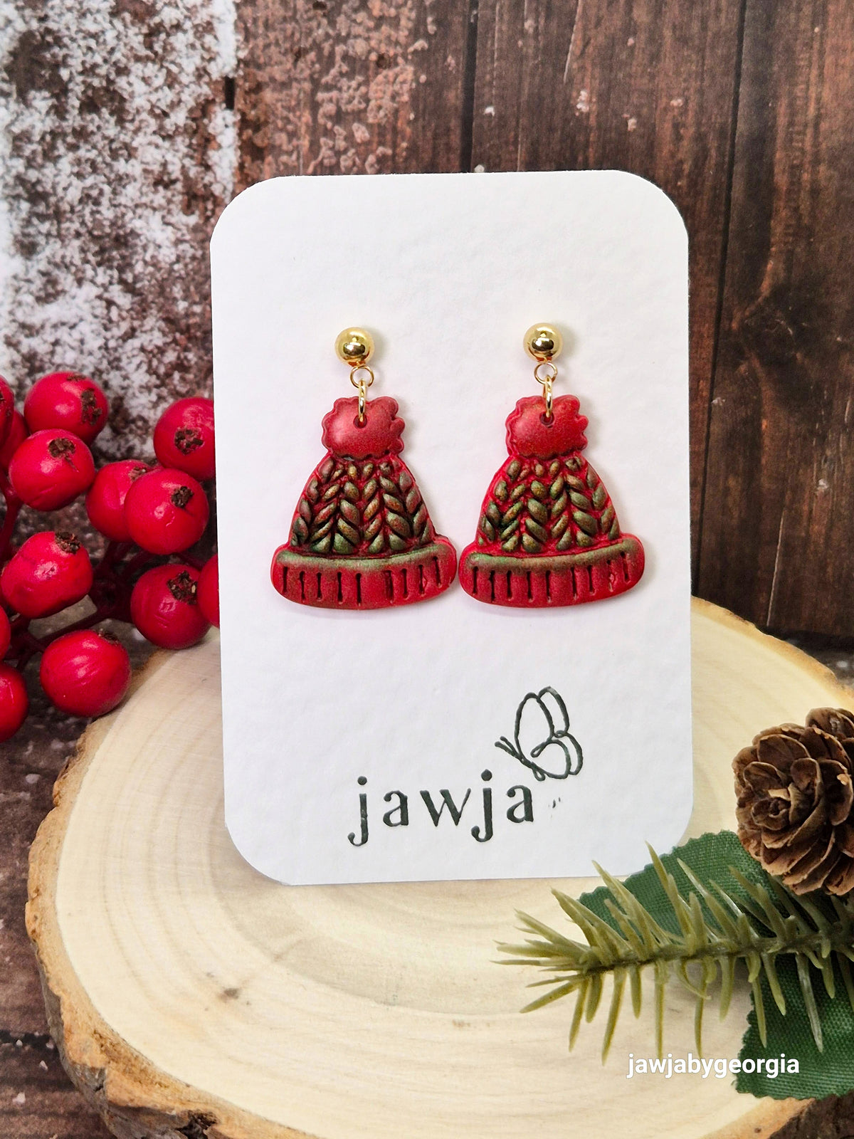 GREEN AND RED KNITTED HAT POLYMER CLAY EARRINGS