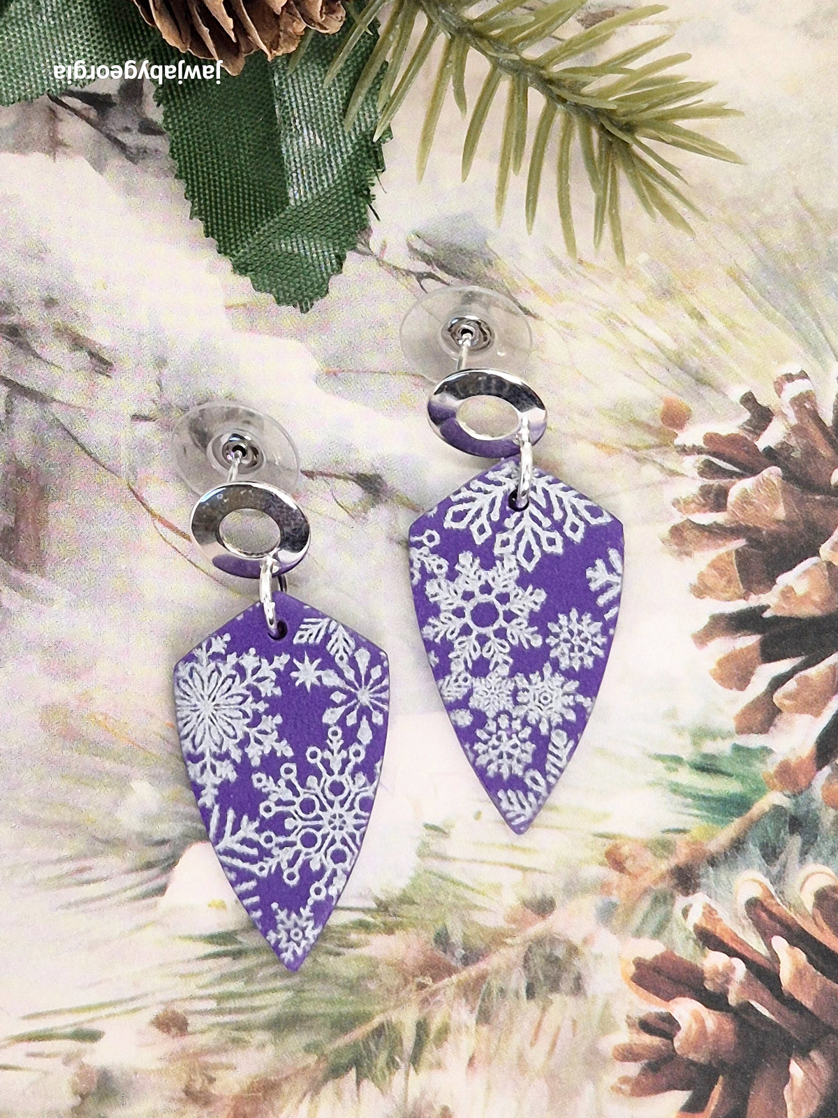 PURPLE AND SILVER SNOWFLAKE POLYMER CLAY EARRINGS
