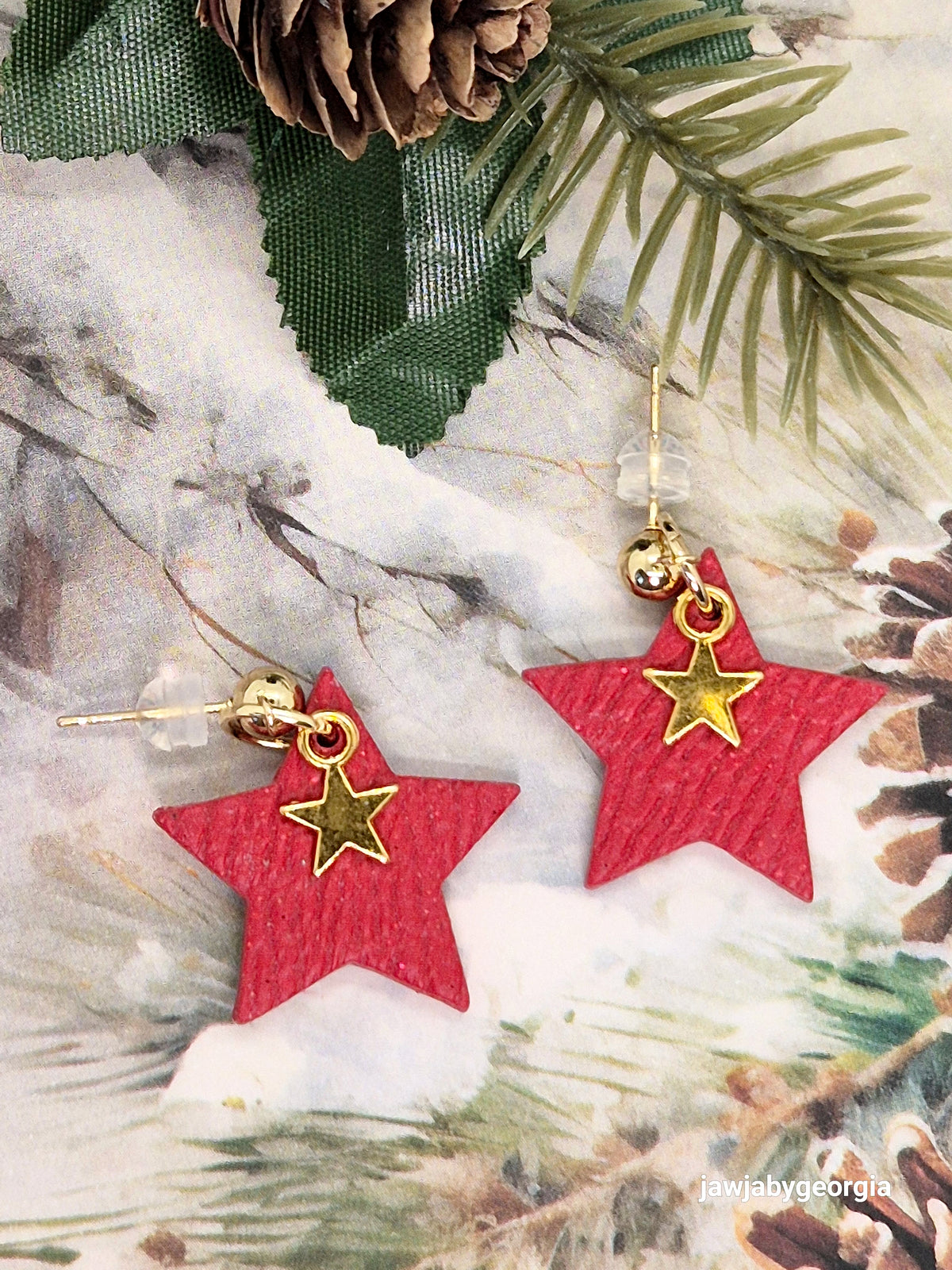 RED TEXTURED STAR POLYMER CLAY EARRINGS