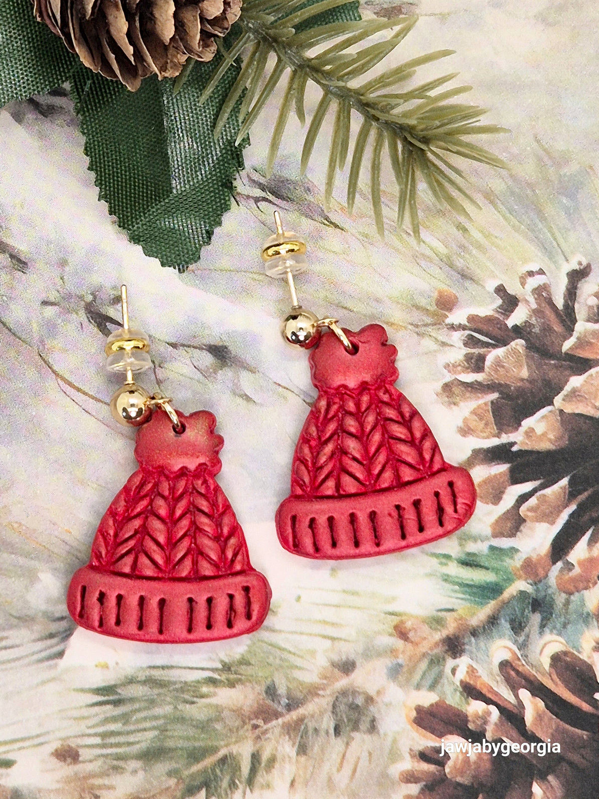 METALLIC RED KNITTED BOBBLE HAT EARRINGS