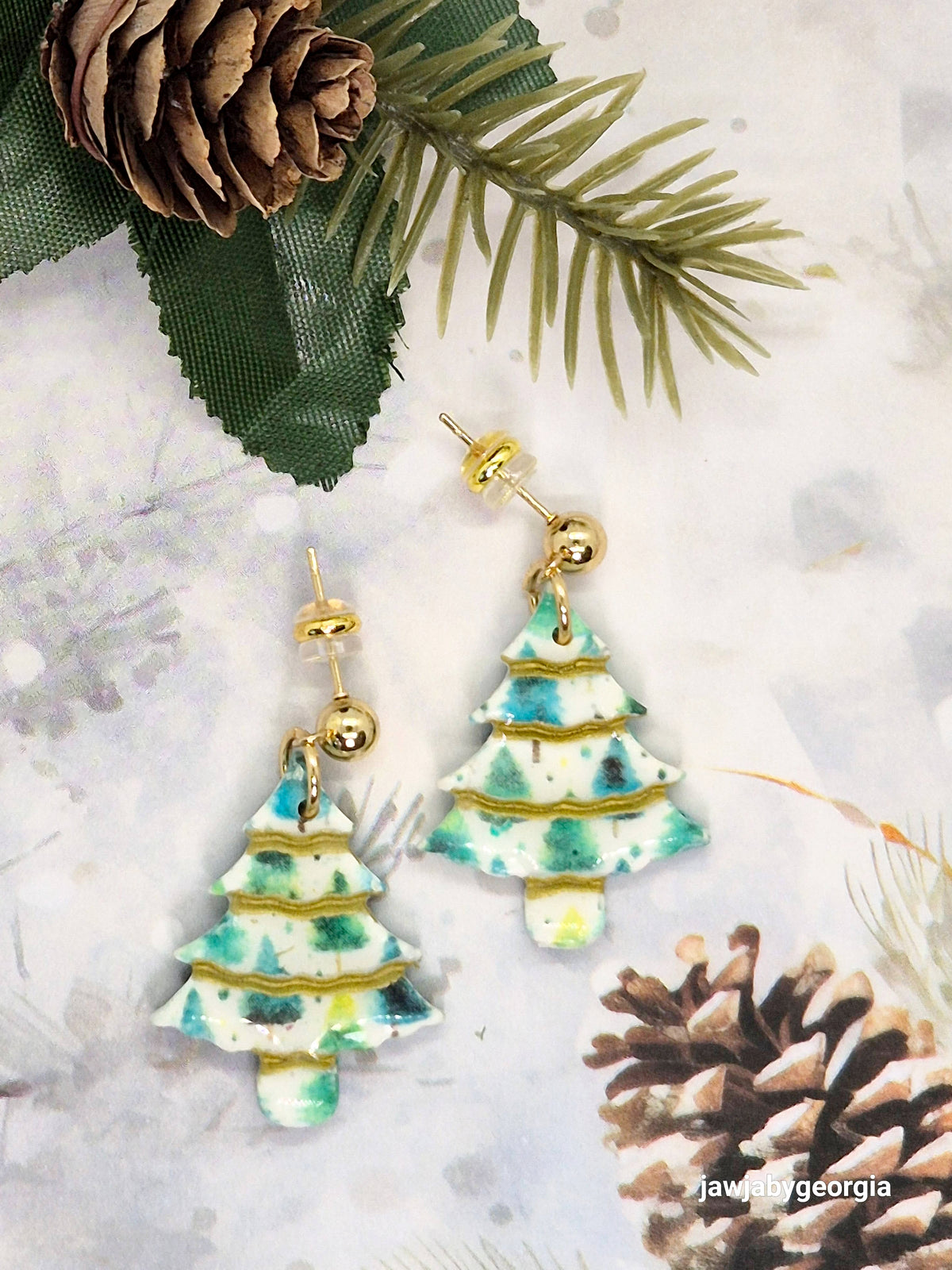 PRINTED TREE CHRISTMAS POLYMER CLAY EARRINGS