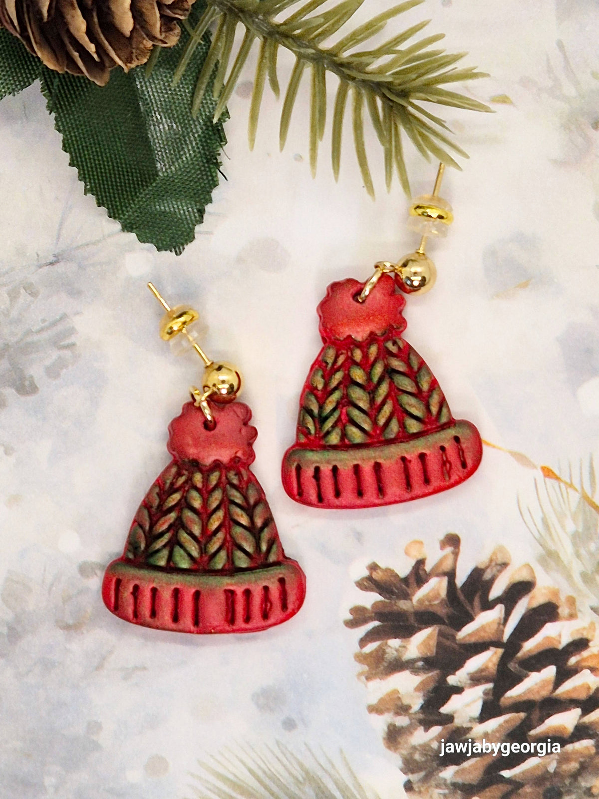 GREEN AND RED KNITTED HAT POLYMER CLAY EARRINGS