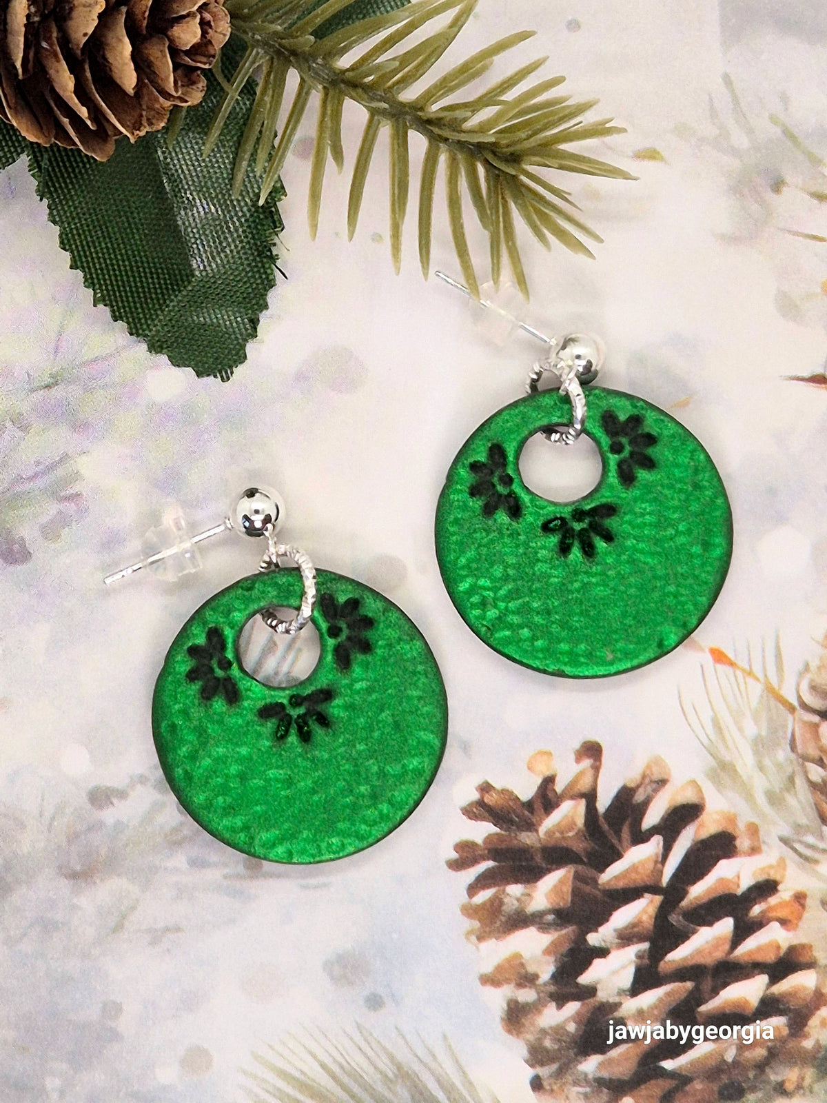 METALLIC GREEN CUT OUT POLYMER CLAY EARRINGS