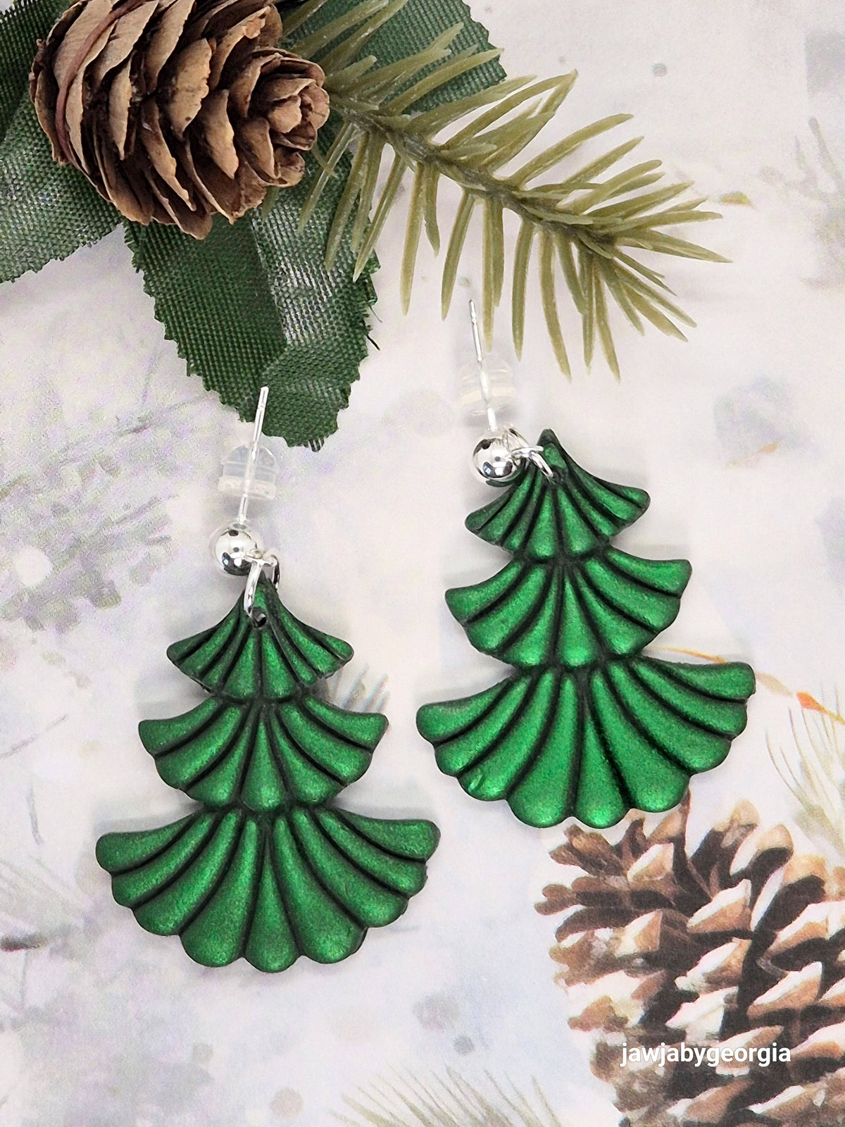 METALLIC GREEN CHRISTMAS TREE POLYMER CLAY EARRINGS